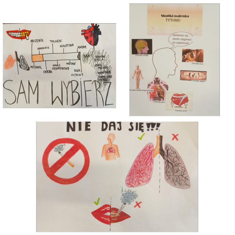 Plakaty o szkodliwości palenia papierosów przygotowane przez uczniów
