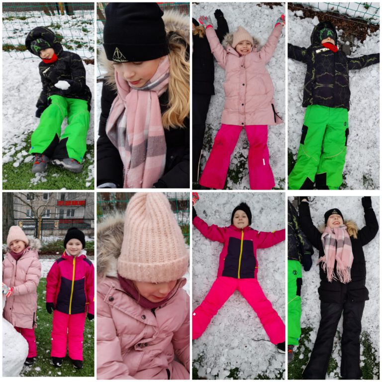 uczniowie bawią się na śniegu, między innymi lepią bałwana i robią anioły