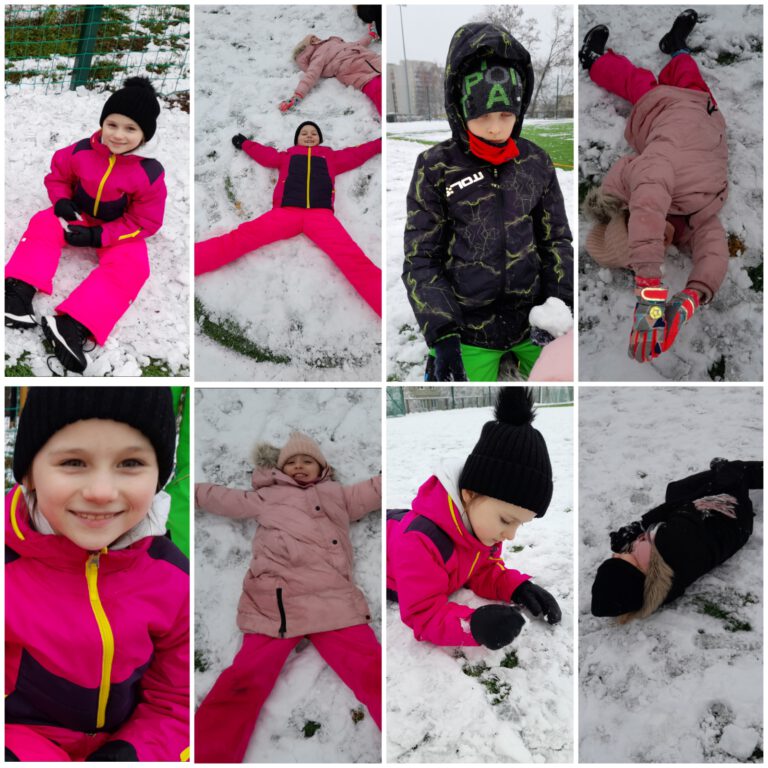 uczniowie bawią się na śniegu, między innymi lepią bałwana i robią anioły