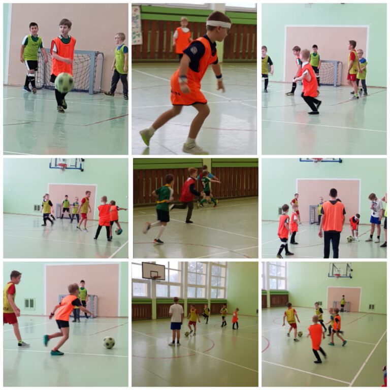 turniej piłki nożnej na sali gimnastycznej, uczniowie grają w piłkę.