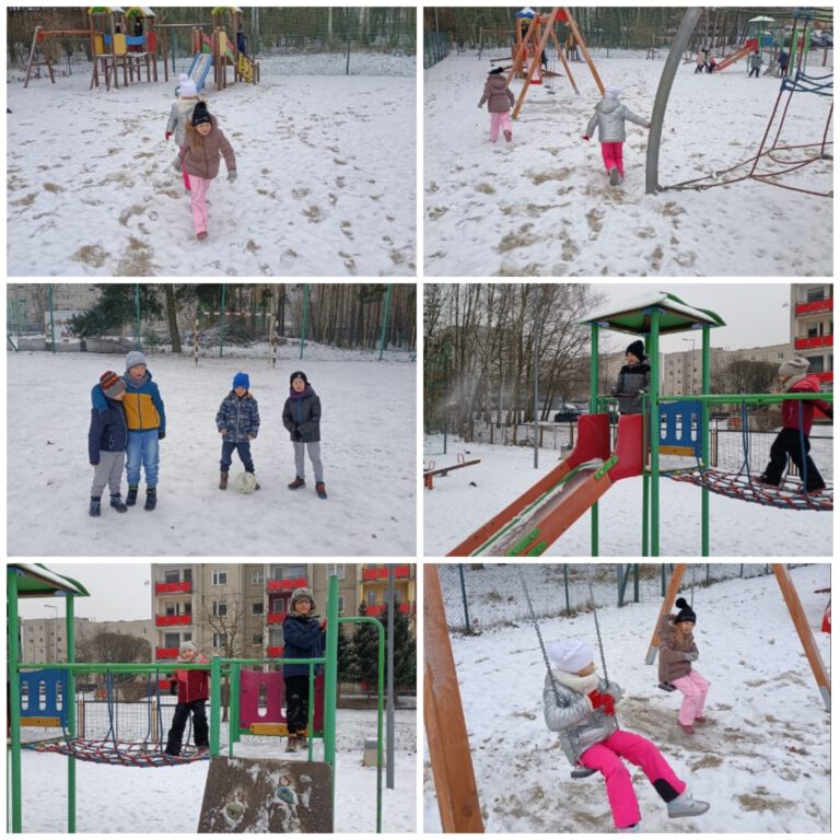 uczniowie bawią się na śniegu i na placu zabaw