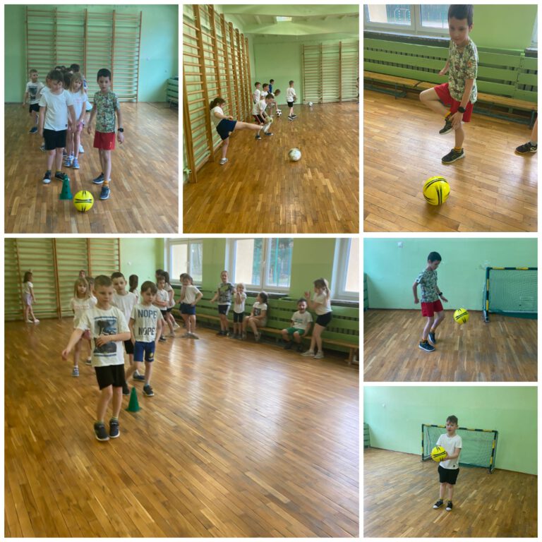 uczniowie ma sali gimnastycznej uczą się grać w piłkę nożną