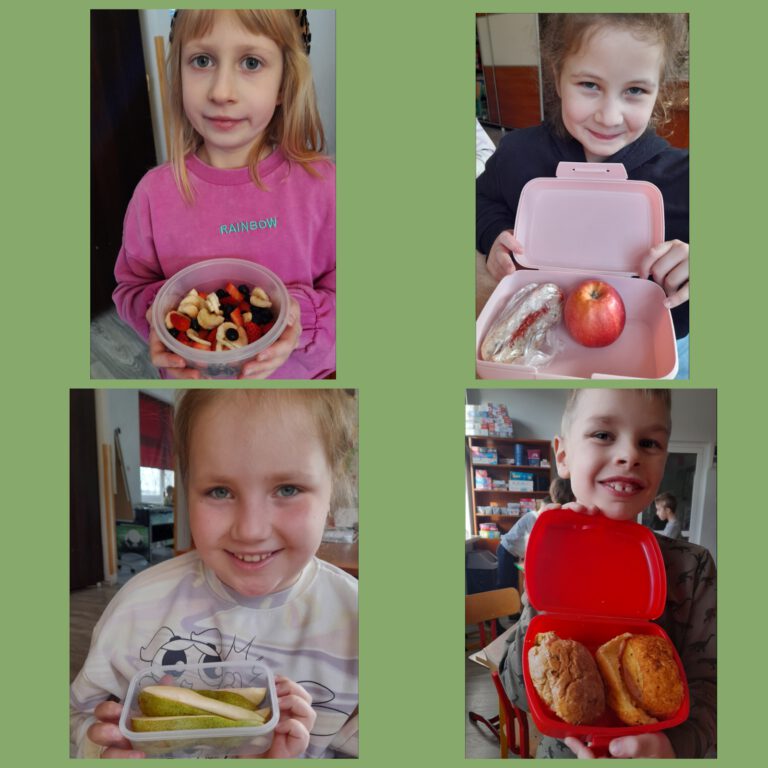 Uśmiechnięte dzieci pokazują swoje śniadaniówki - zdrowe posiłki wykonane z owoców, warzyw i pieczywa