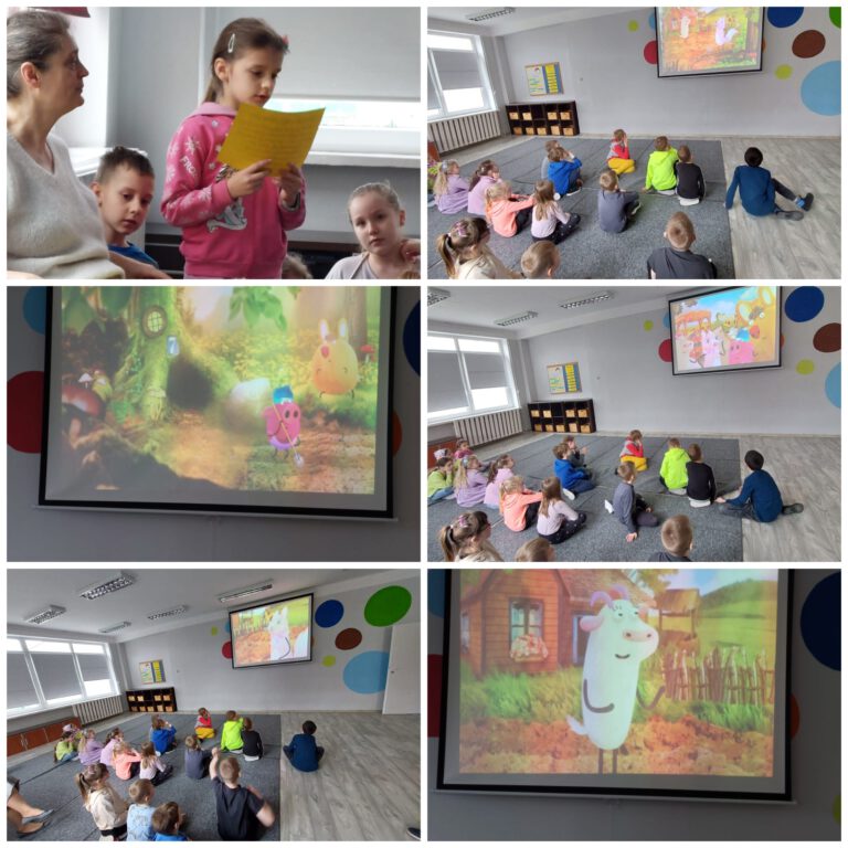 uczniowie oglądają prezentację w świetlicy szkolnej