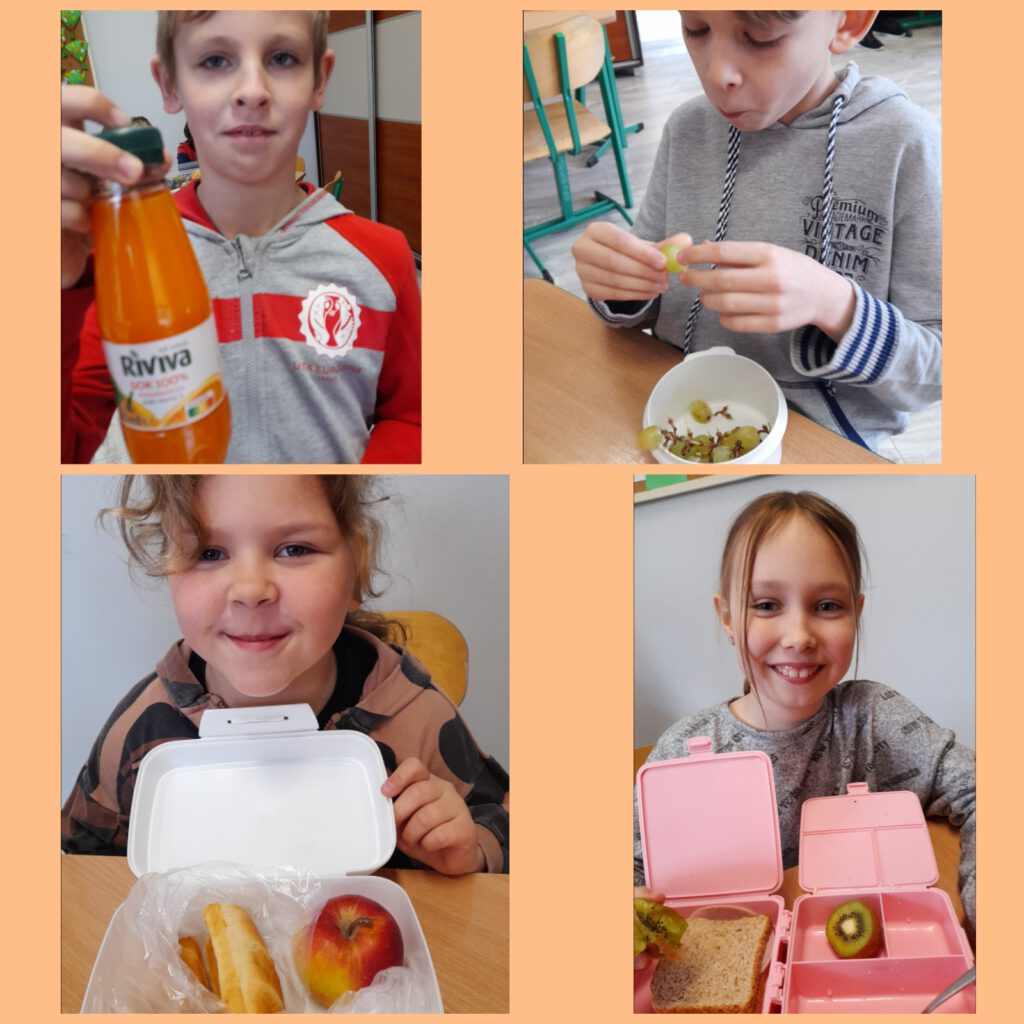 uczniowie ze swoimi zdrowymi śniadaniówkami