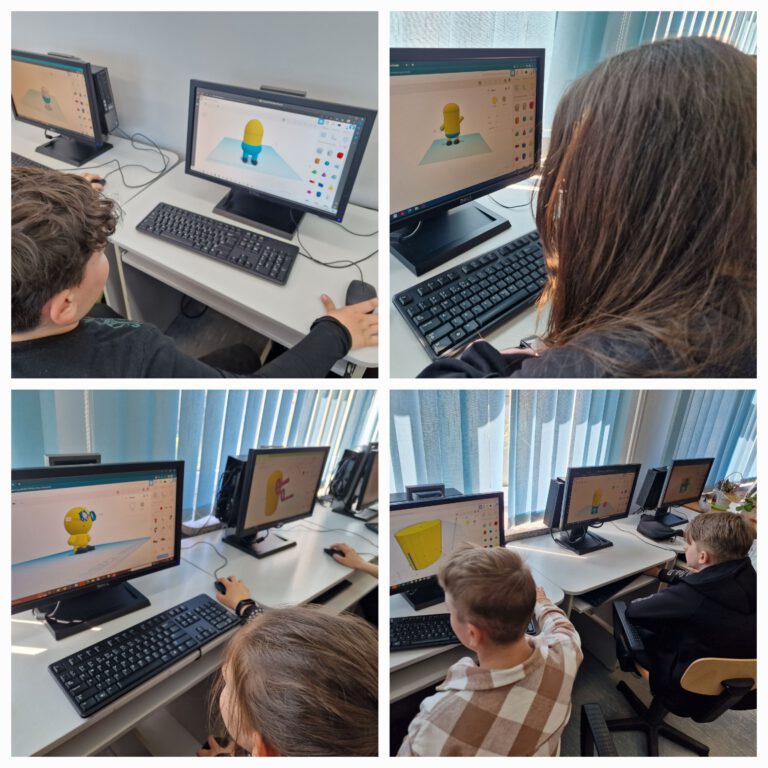 uczniowie w sali informatycznej projektują 3D