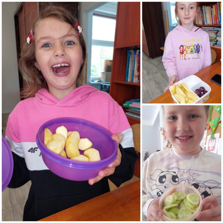 uśmiechnięte dzieci pokazują swoje zdrowe śniadaniówki, owoce, warzywa, woda