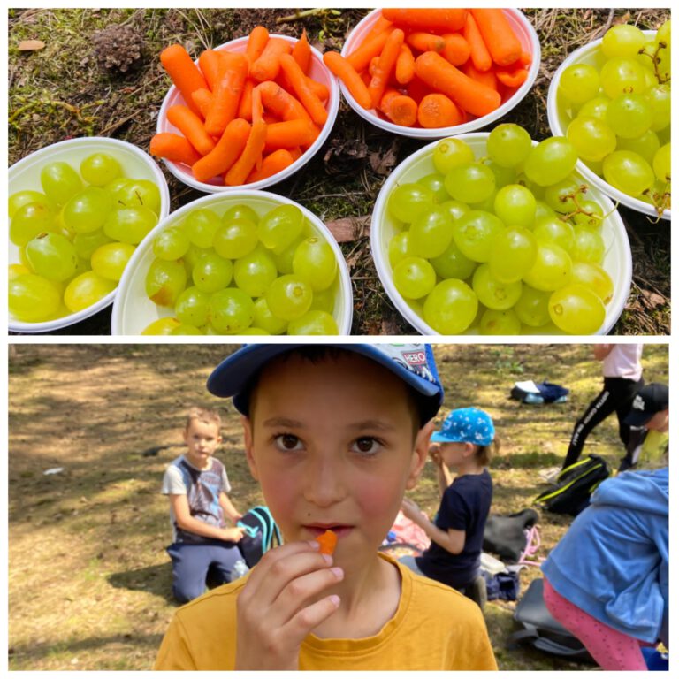 Dzieci jedzą świeże owoce i warzywa