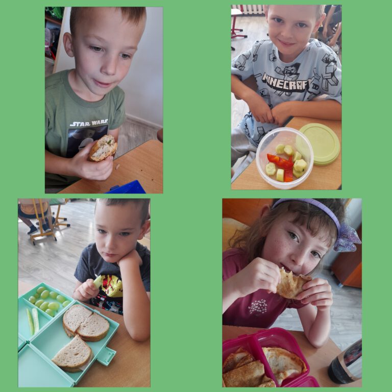 uczniowie pokazują i jedzą swoje śniadania wykonane ze zdrowych produktów, warzyw i owoców oraz pieczywa