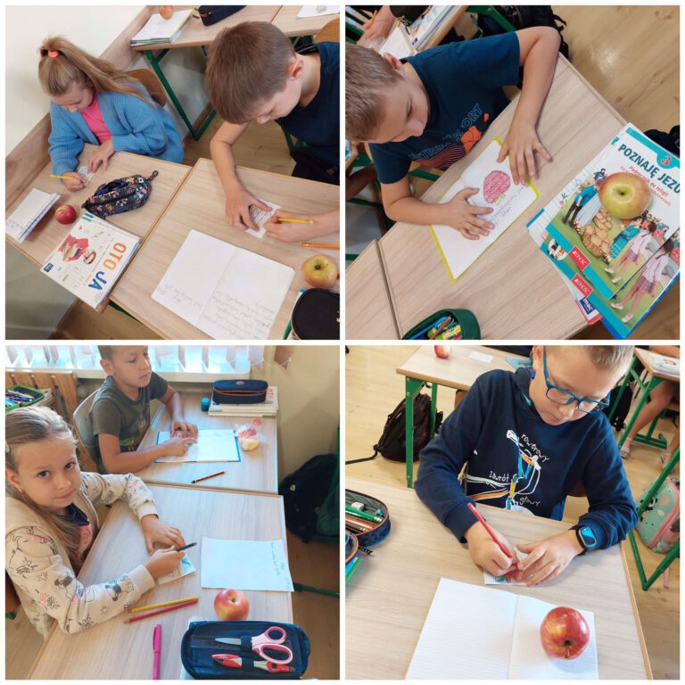 uczniowie malują kolorowanki z motywem jabłka