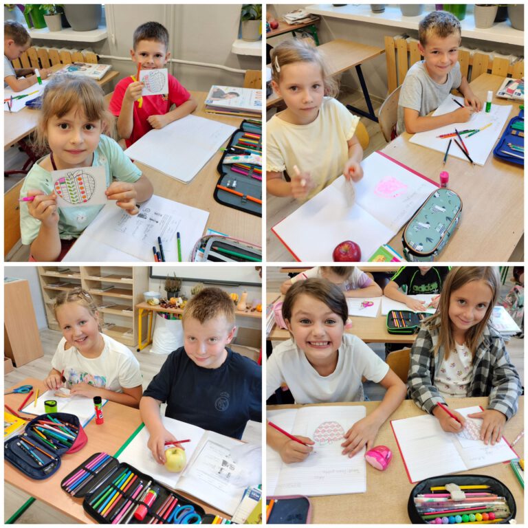 uczniowie w ławkach szkolnych kolorują malowanki motywem jabłka