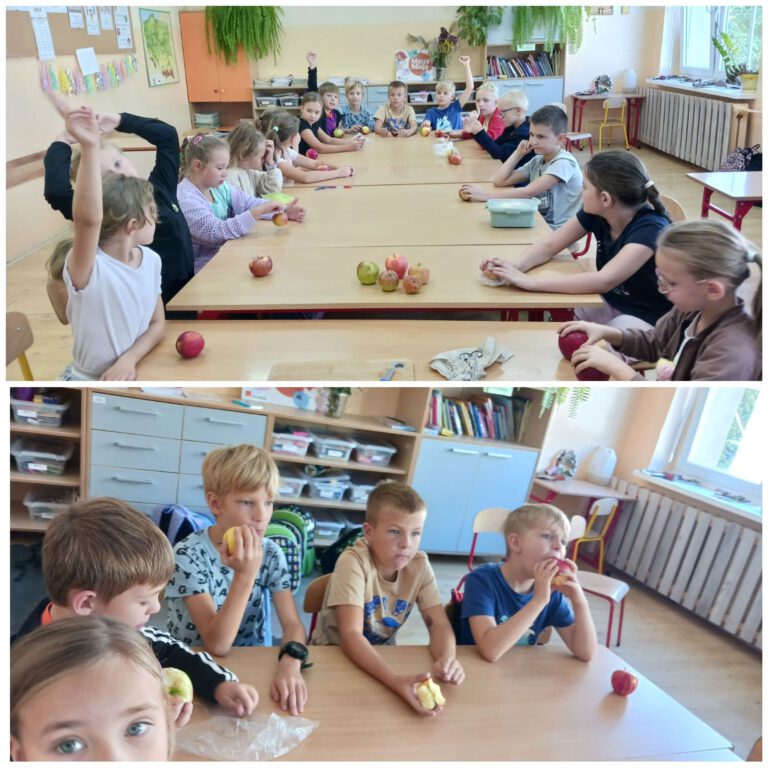 uczniowie jedzą jabłka i mus jabłkowy