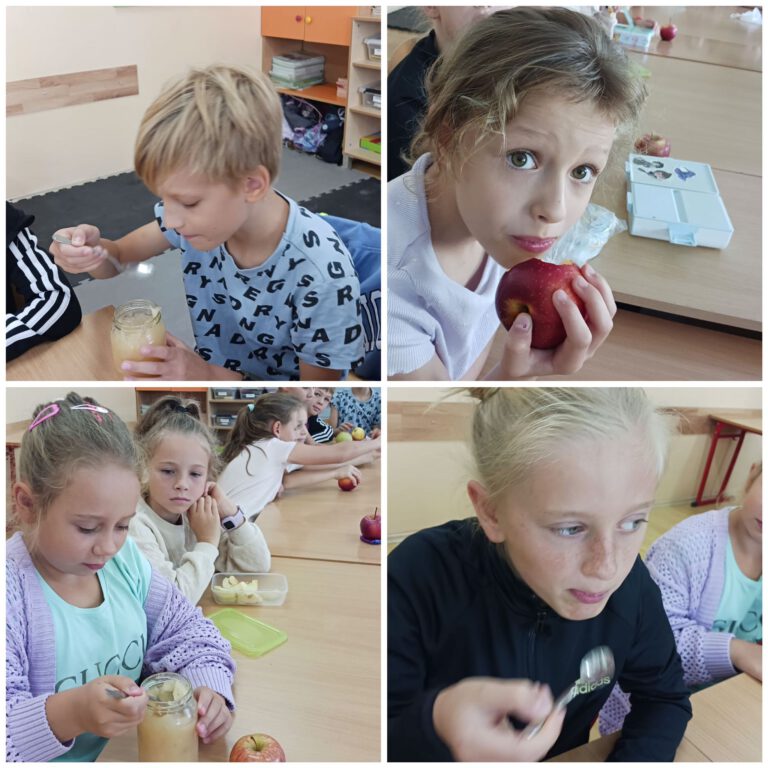 uczniowie jedzą jabłka i mus jabłkowy