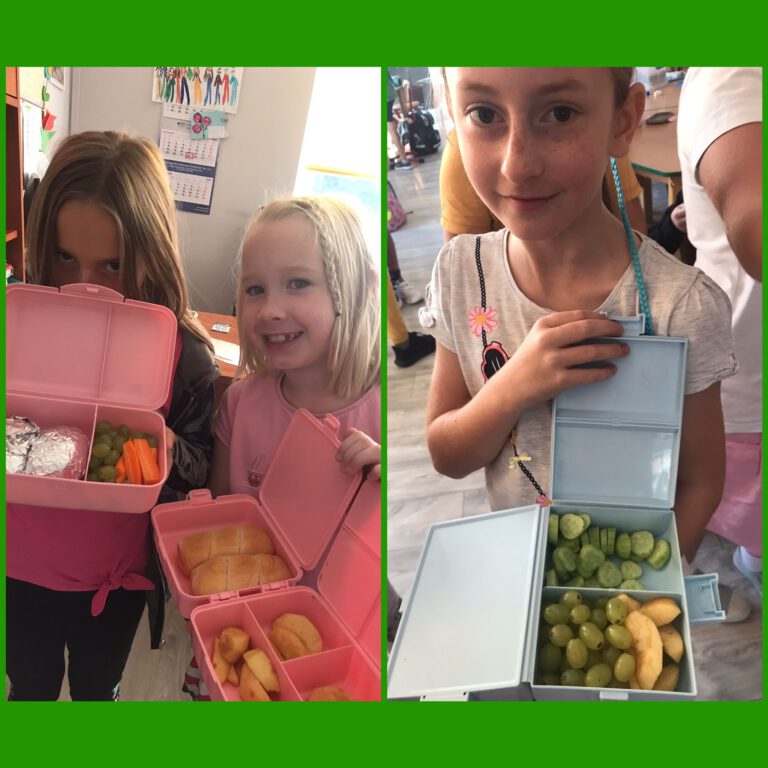 uczniowie pokazują i jedzą swoje śniadania wykonane ze zdrowych produktów, warzyw i owoców oraz pieczywa
