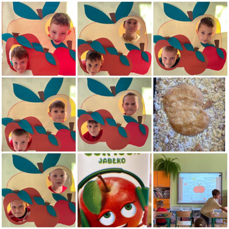 uczniowie pozują do zdjęć w fotobudce w kształcie jabłka