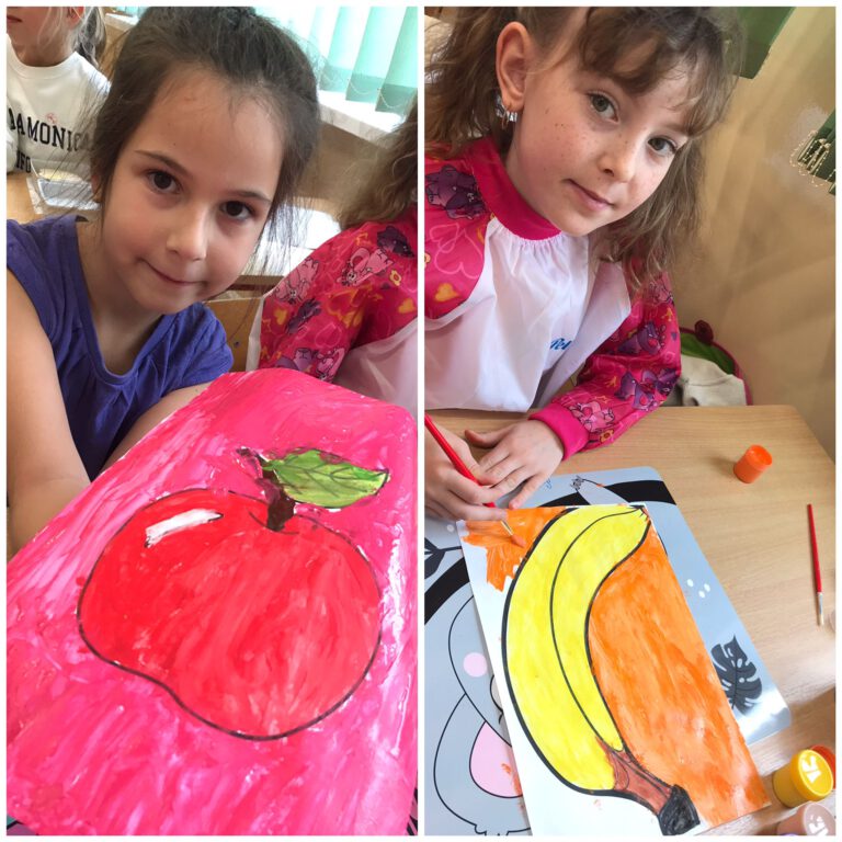 uczniowie kolorują malowanki z motywem owoców i warzyw
