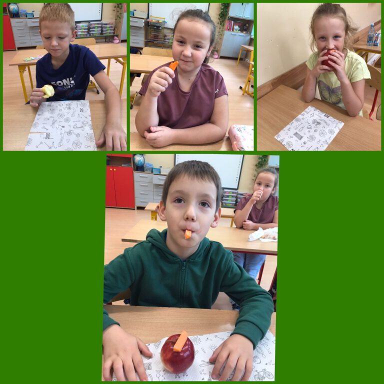 uczniowie w ławkach szkolnych jedzą owoce i warzywa, jabłka, pomarańcze, marchewki