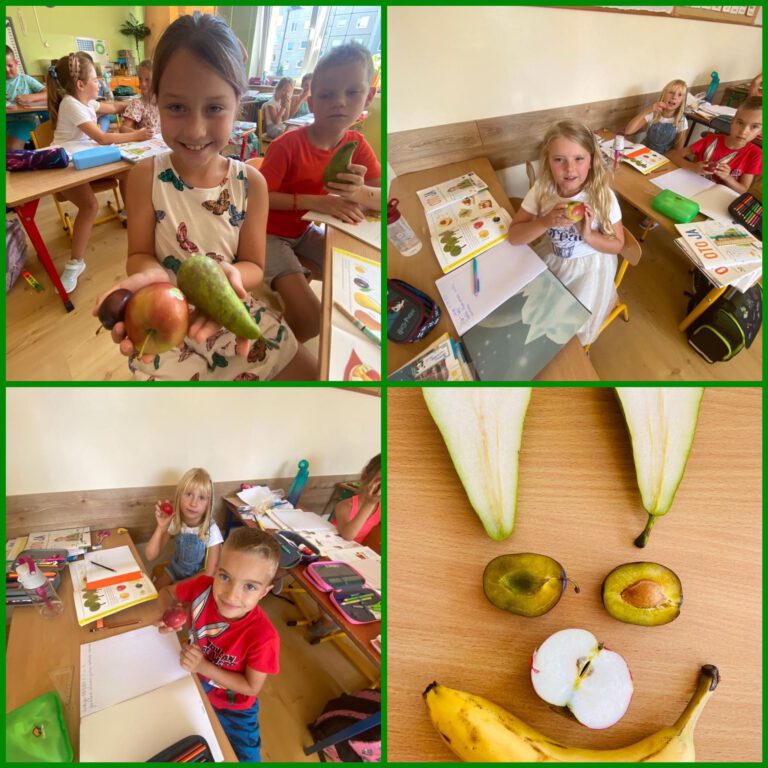 uczniowie pokazują owoce, które przynieśli na lekcje