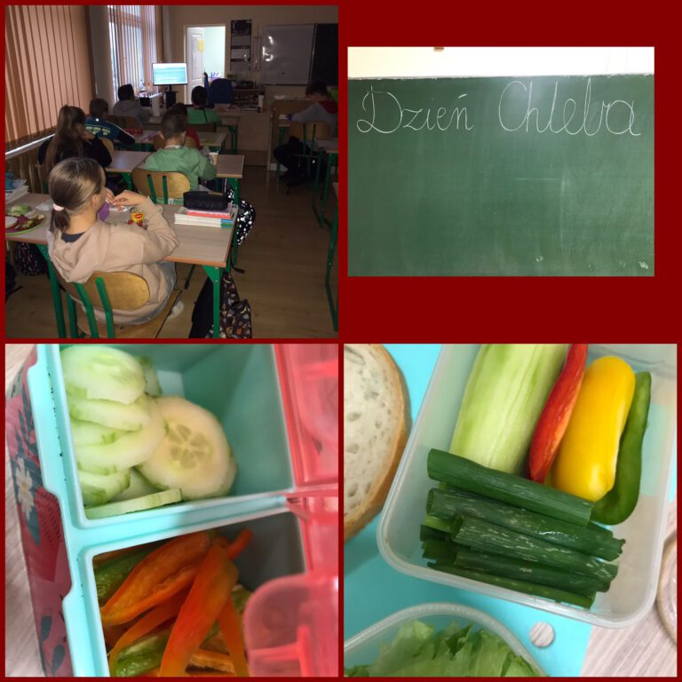 uśmiechnięci uczniowie siedzą w ławkach szkolnych i pokazuj swoje śniadaniówki - posiłki z chleba, warzyw i owoców