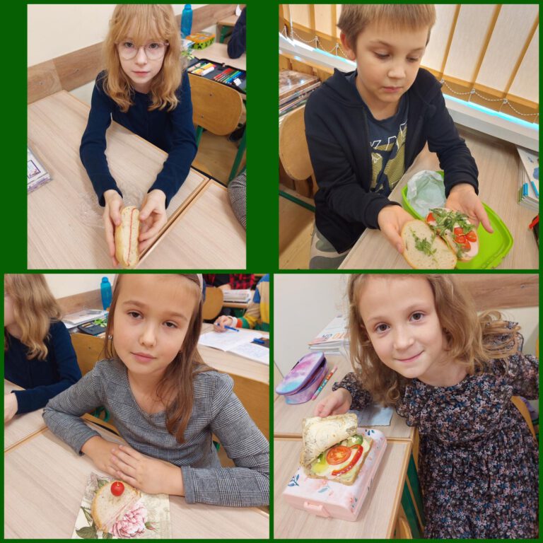 uczniowie siedzą w ławkach szkolnych, uśmiechnięci pokazują swoje kolorowe kanapki przygotowane z chleba