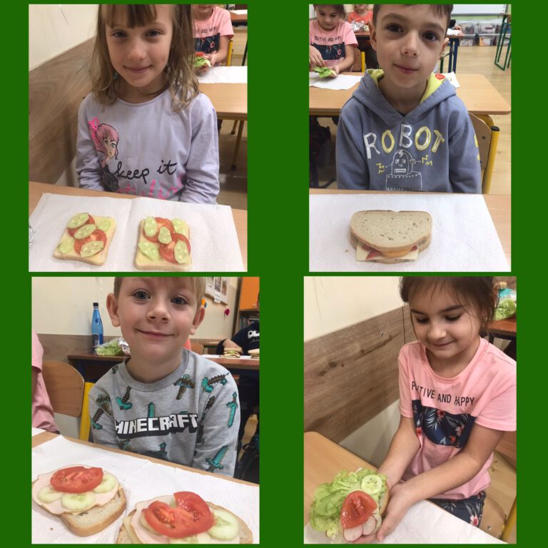 uczniowie siedzą w ławkach szkolnych, uśmiechnięci pokazują swoje kolorowe kanapki przygotowane z chleba