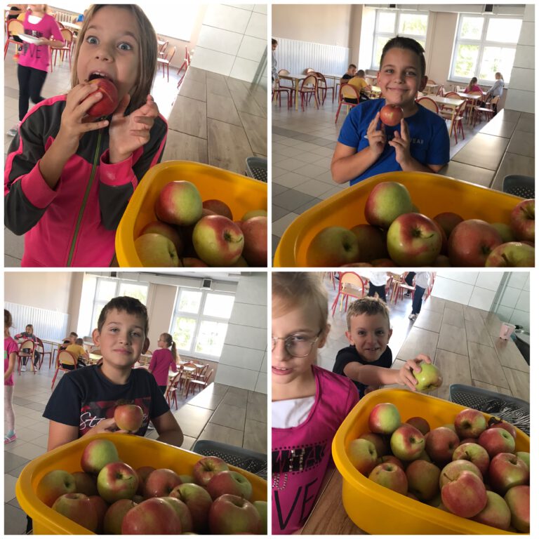 dziewczynki i chłopcy jedzą jabłka