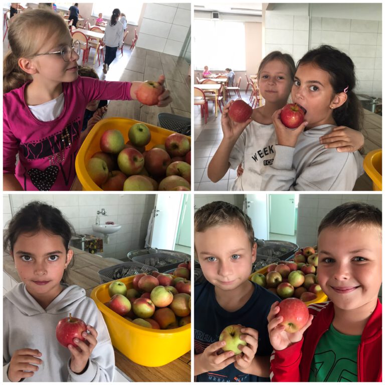 dziewczynki i chłopcy jedzą jabłka