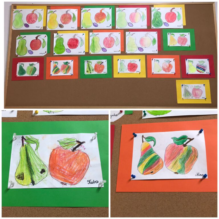 prace plastyczne uczniów, kolorowe warzywa i owoce namalowane na kartkach