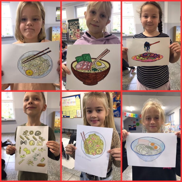 uczniowie pokazują swoje prace plastyczne związane z makaronem np. talerze spaghetti lub różne rodzaje makaronu