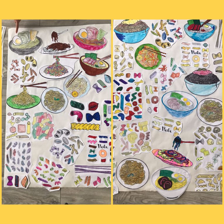 plakaty przygotowane przez uczniów, różne rodzaje makaronów, potrawy z makaronu, talerze z makaronem