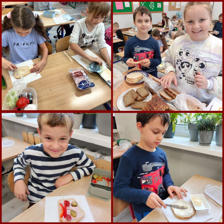 dzieci robią kanapki wykonane z chleba, warzyw, owoców i wędlin