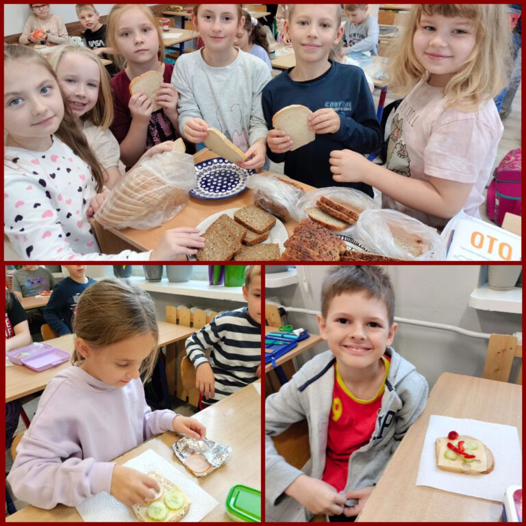 dzieci robią kanapki wykonane z chleba, warzyw, owoców i wędlin