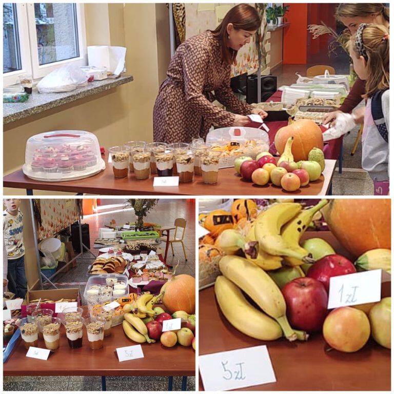 owoce i warzywa, zdrowe desery na stołach, nauczycielka sprzedaje przekąski uczennicy