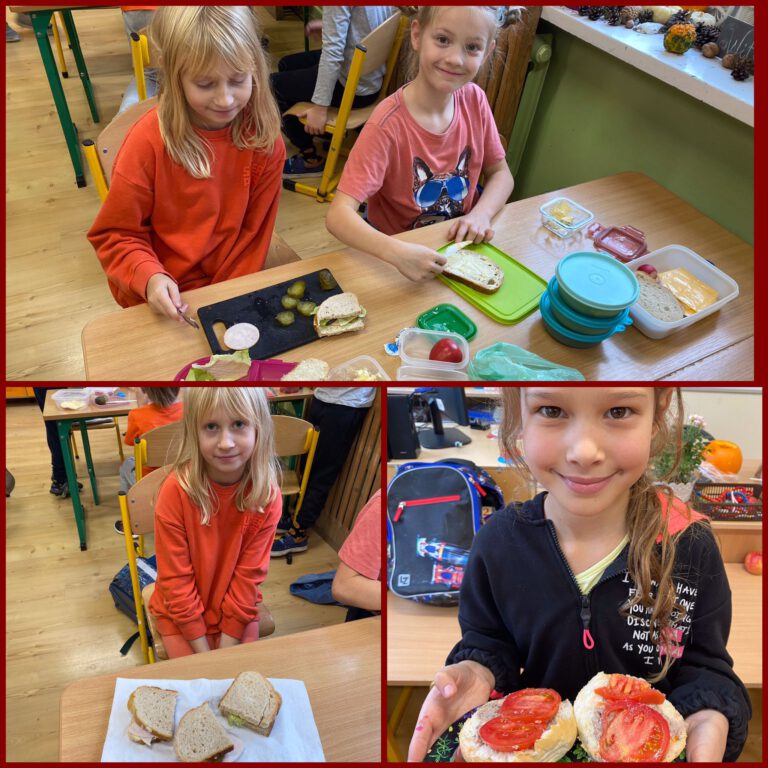 dzieci pokazują swoje zdrowe kanapki wykonane z chleba, warzyw i owoców