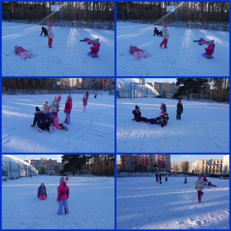 dzieci bawiące się na śniegu, robią anioła