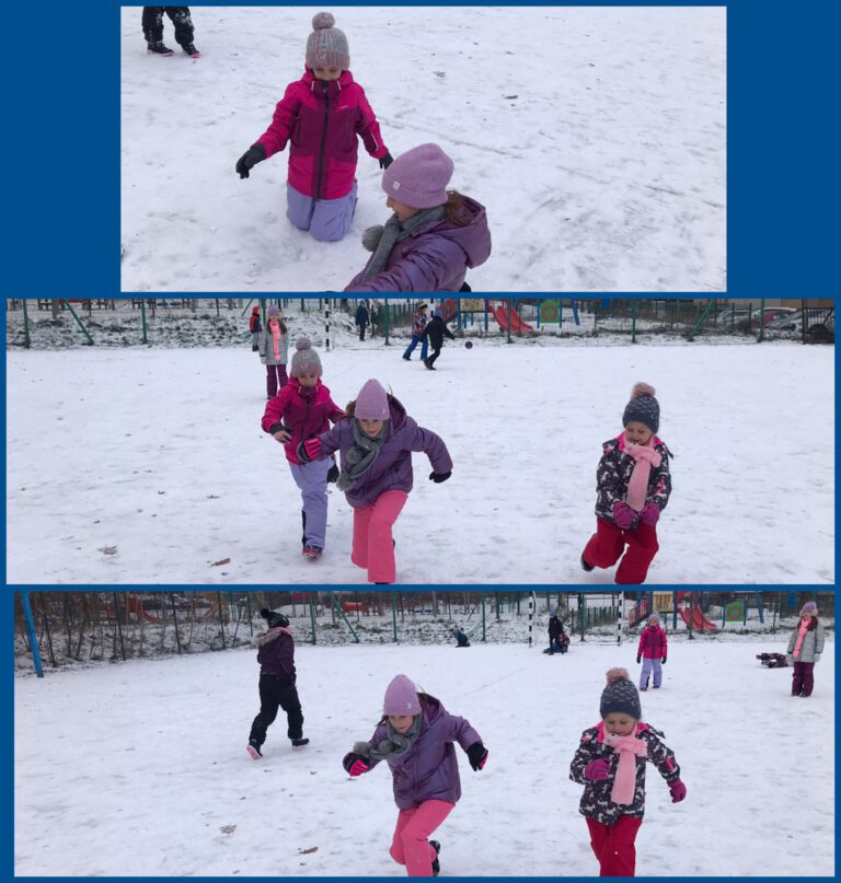 dzieci bawiące się na śniegu, biegają
