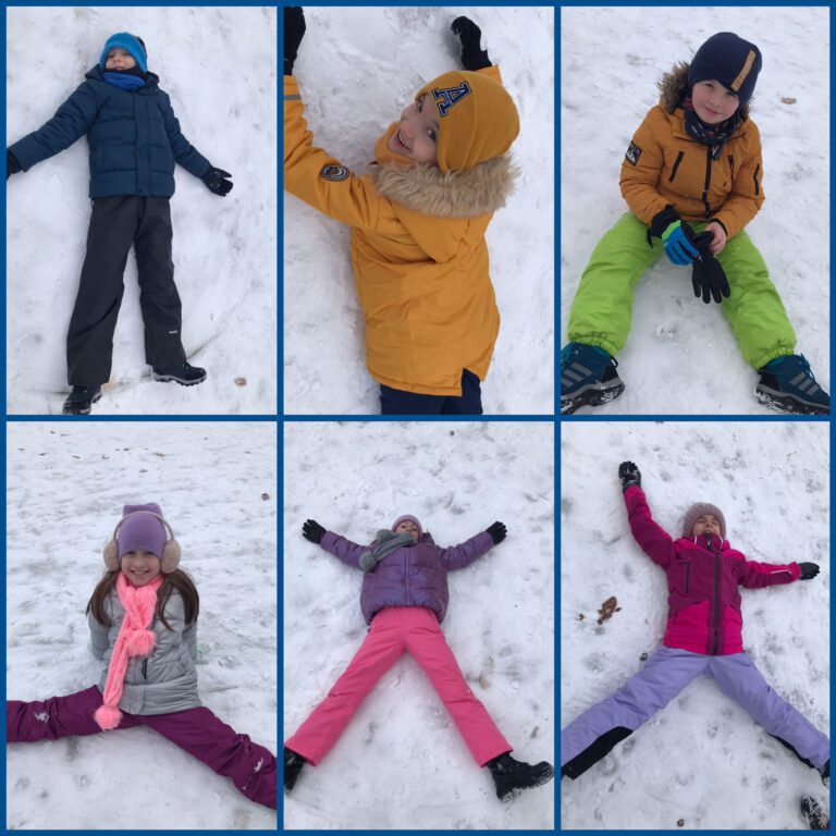 dzieci bawiące się na śniegu, robią anioła