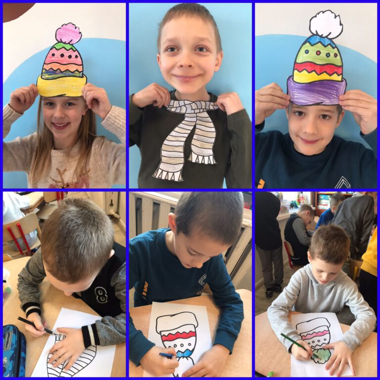 dzieci pokazują papierowe kolorowe szaliki i czapki zrobione przez siebie