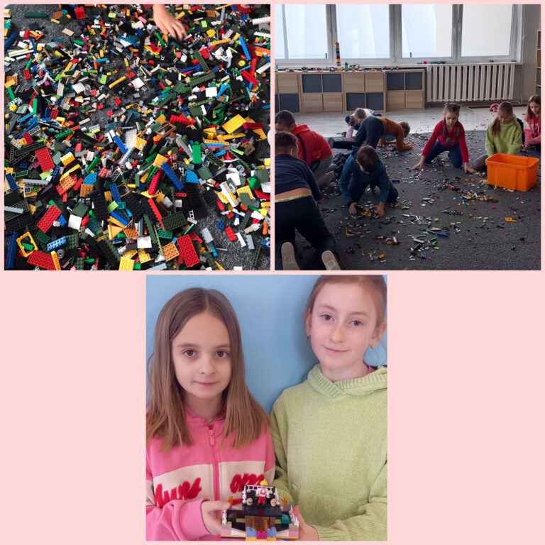 dzieci trzymają w rękach budowle z klocków lego