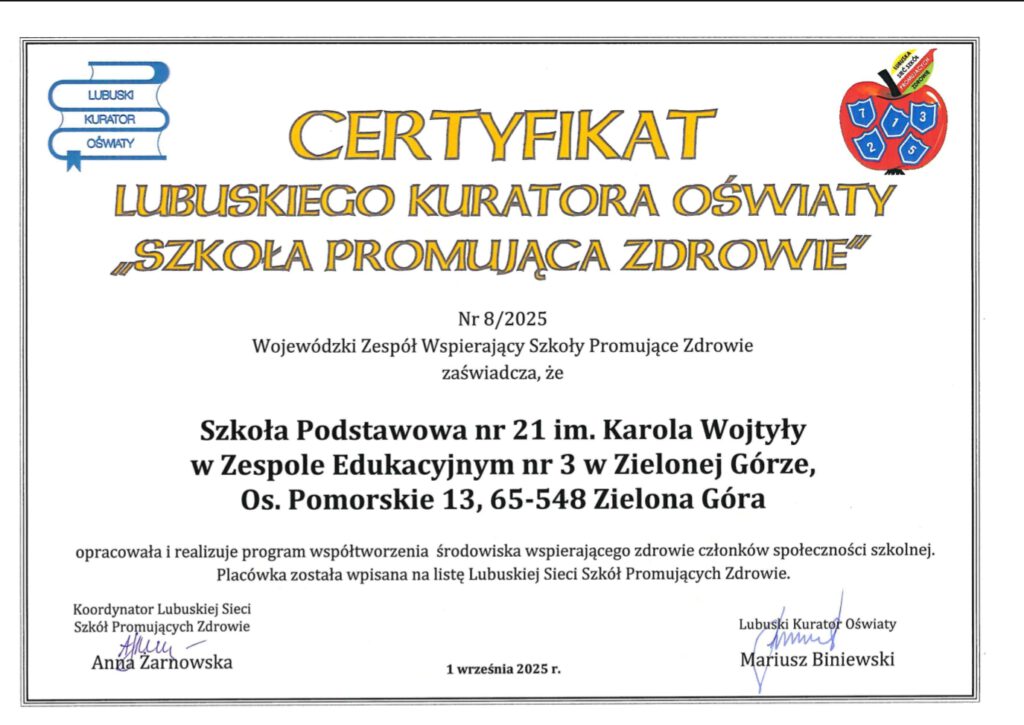 Certyfikat szkoła promujaca zdrowie 2025