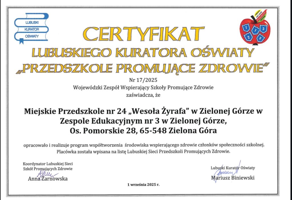 Certyfikat przedszkole promujace, zdrowie 2025