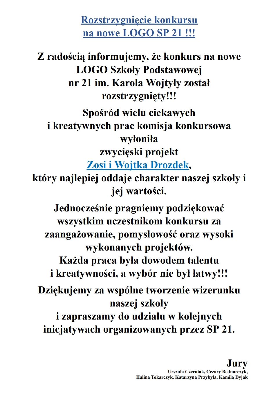 Rozstrzygnięcie konkursu na nowe LOGO SP 21 !!! 👏