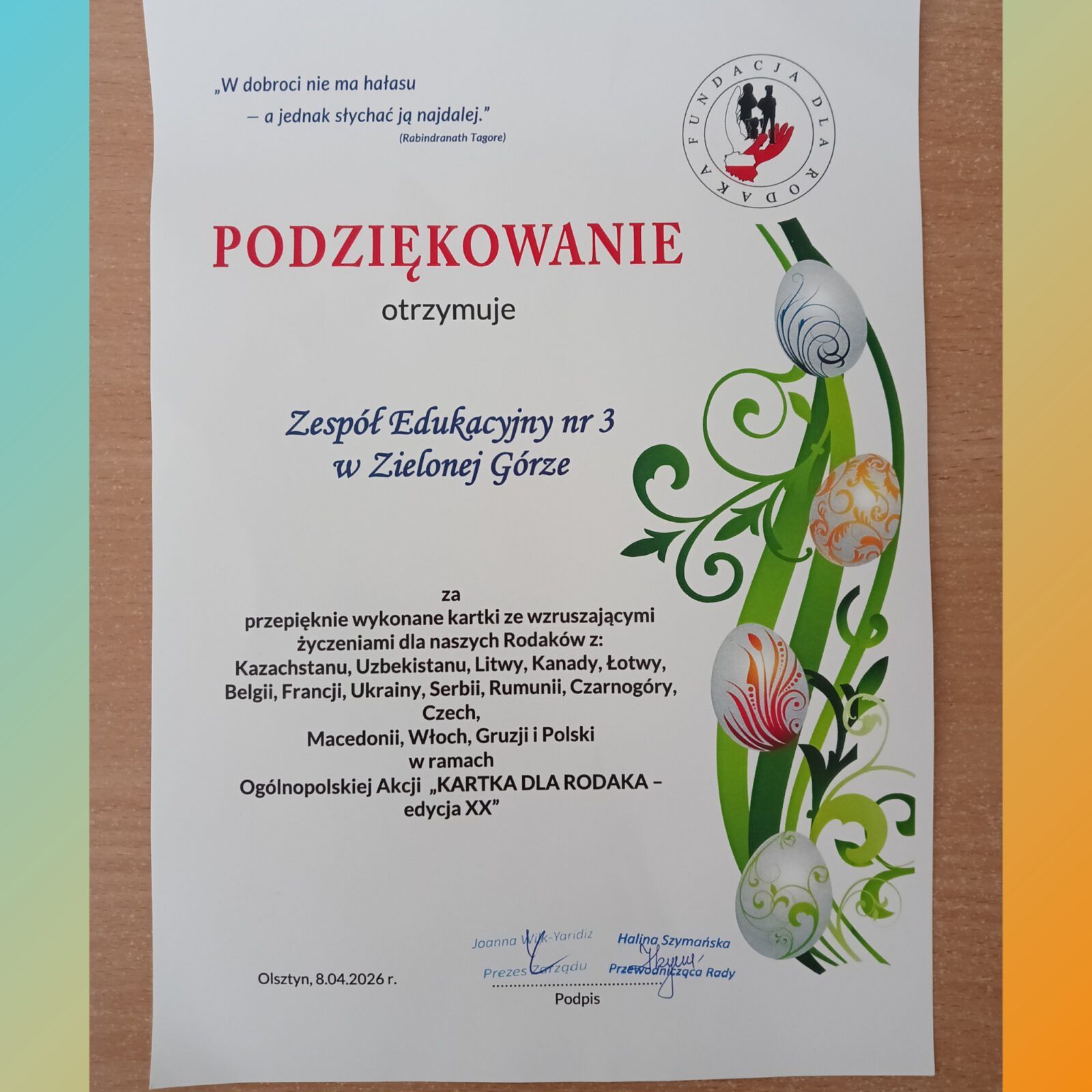 Podziękowanie dla „Małych Artystów z SP21”