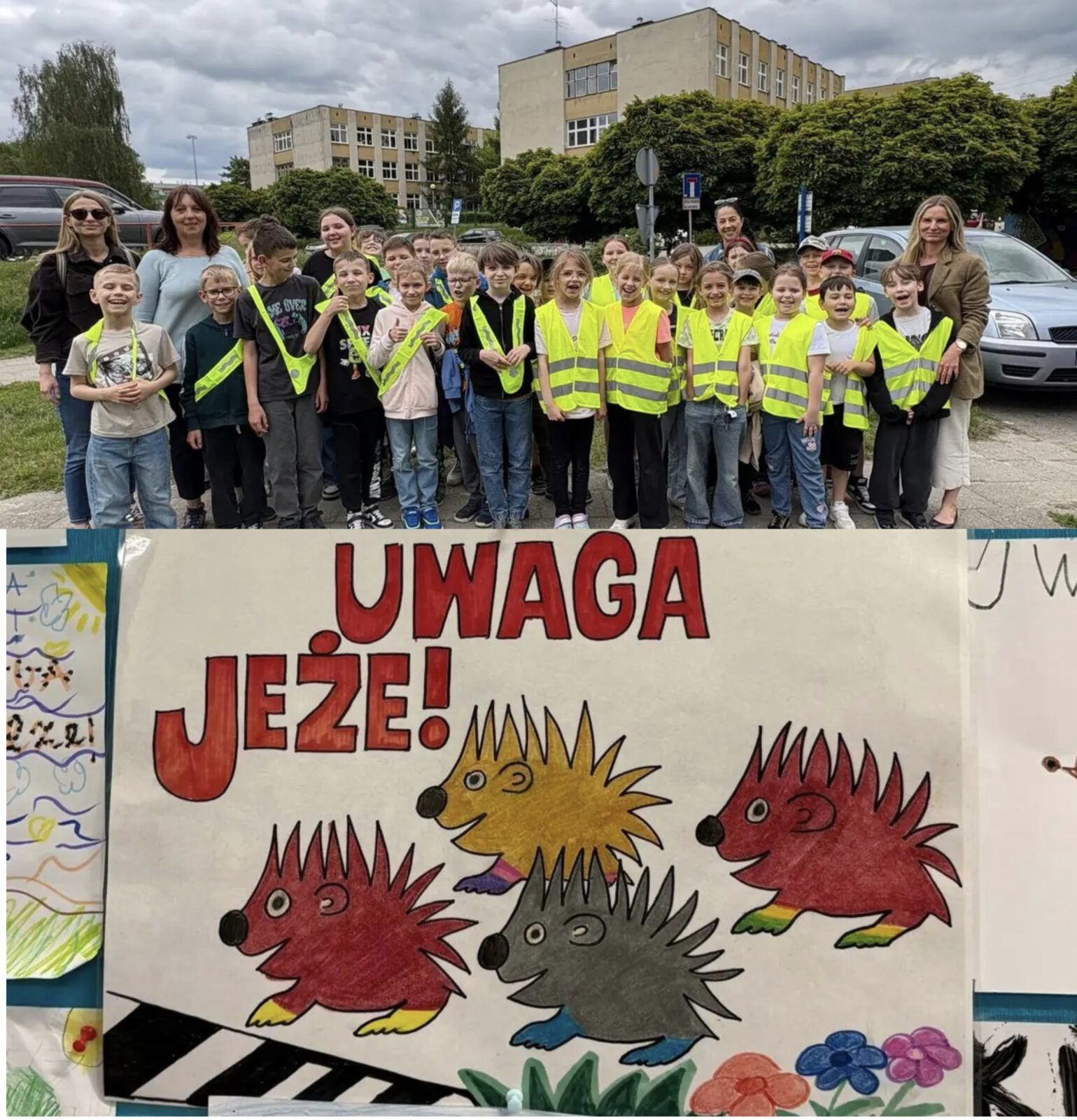 Grupa dzieci przed szkołą, plakat informujący o akcji związanej z ochrona dzieci